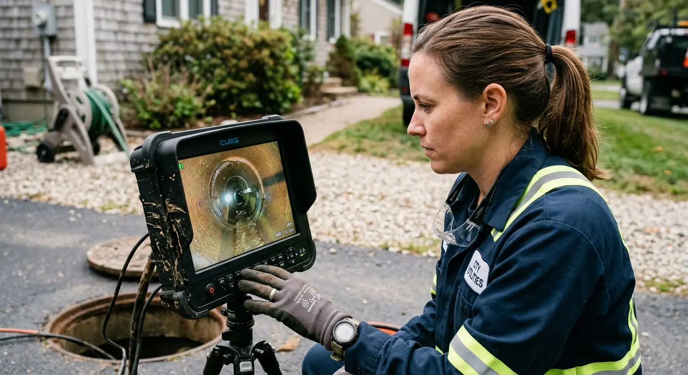 Technician reviewing sewer camera inspection footage in Port Hueneme