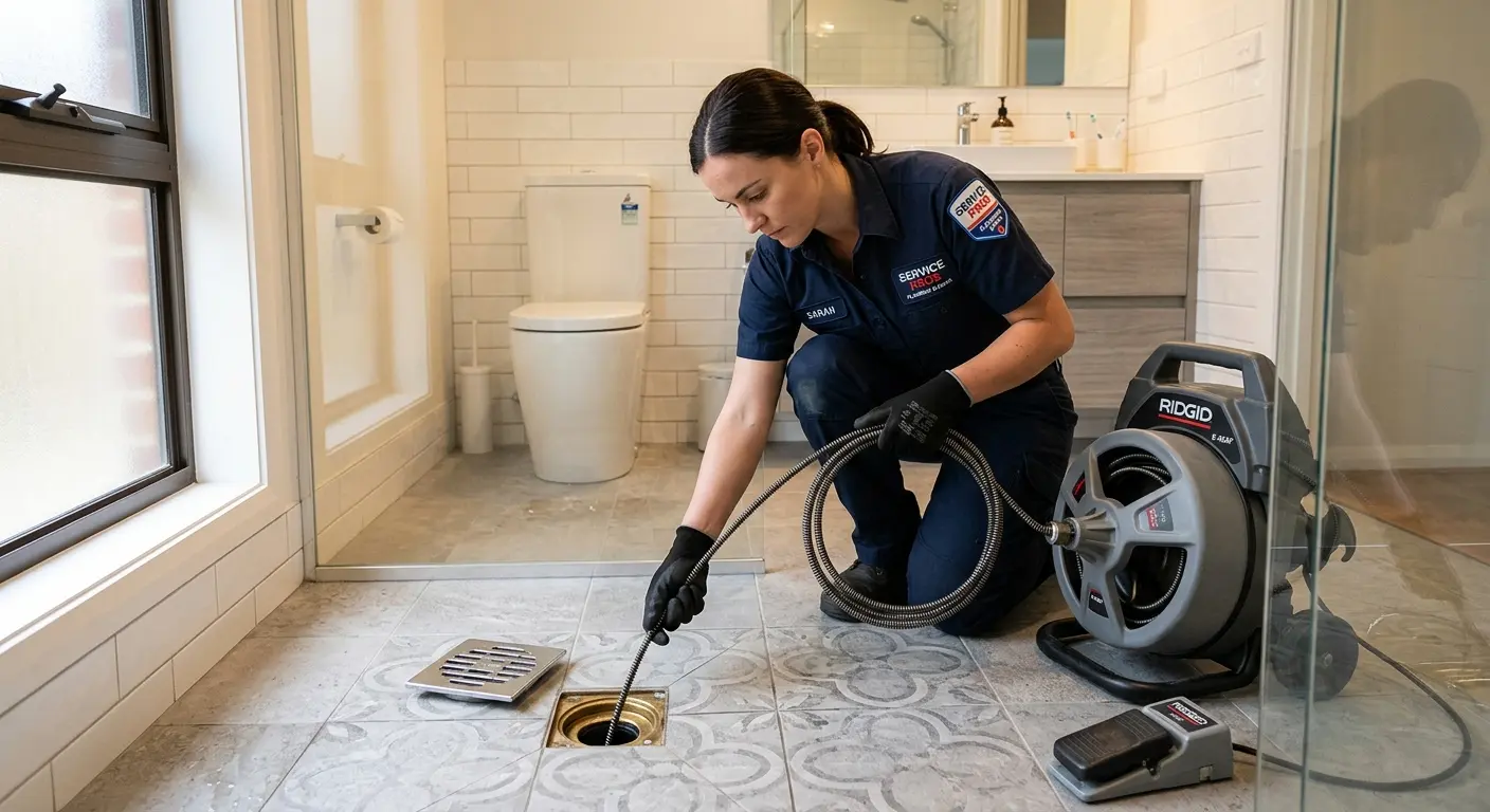 Technician clearing a bathroom floor drain for Drain Repair in Port Hueneme